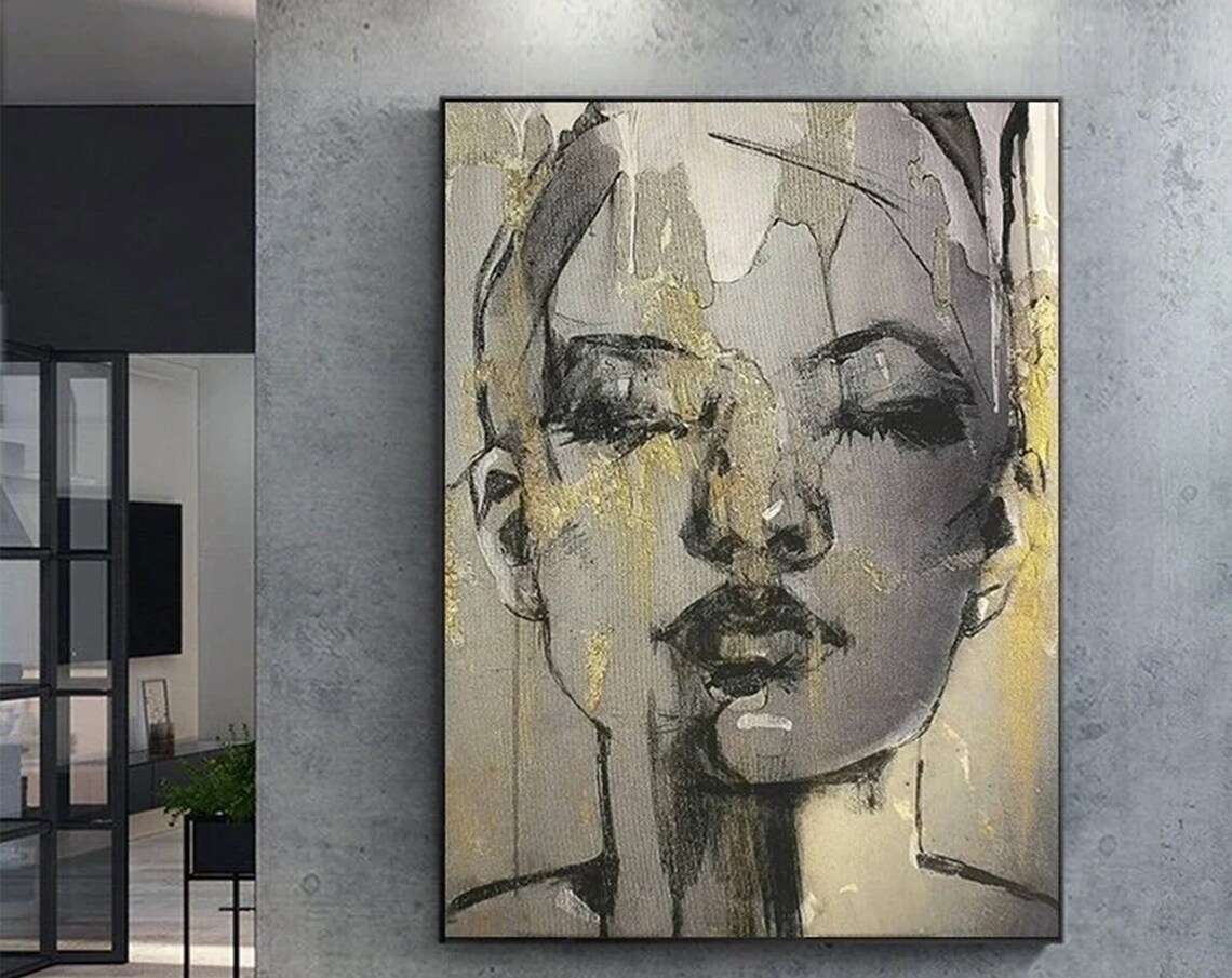 Abstract Woman Portrait With Golden Makeup Wall Art Canvas Poster Modern