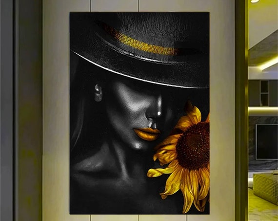 Woman In Black Hat Canvas Print African Art Fashion Style Flowers Paintingflower