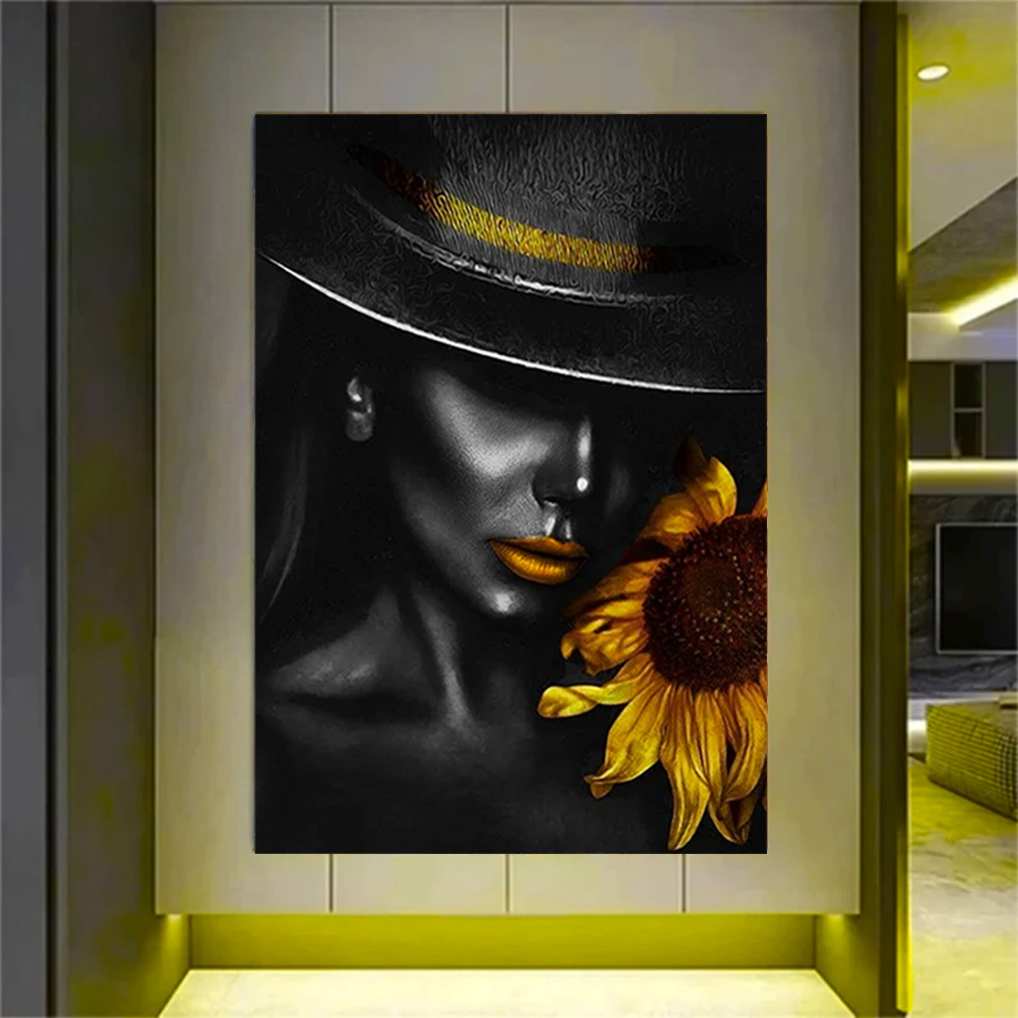 Woman Black Hat Sunflower Gold Lips Elegant Cinematic Art Print