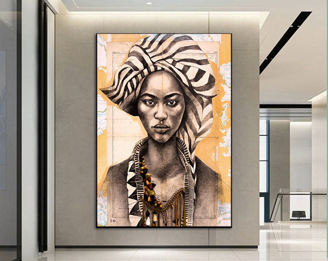 African Woman Striped Headwrap Golden Yellow Portrait Art Poster