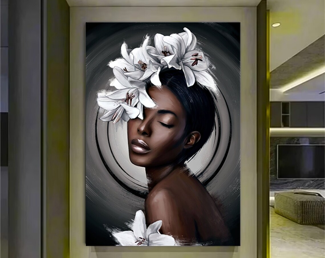 African Woman White Lilies Monochrome Beauty Portrait Poster