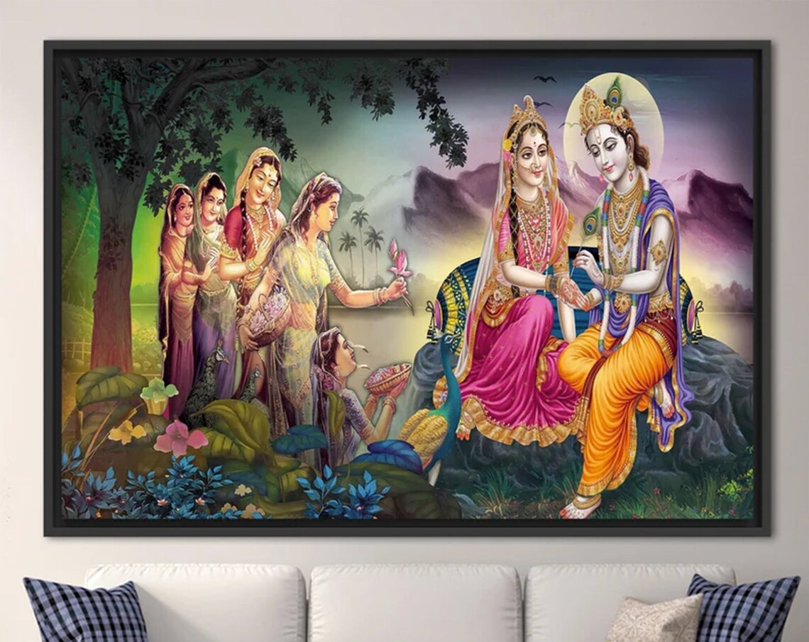 Radha Krishna Garden Gathering Gopis Traditional Hindu Art Poster