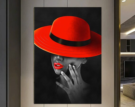 Red Hat Red Lips Woman Stylish Black White Fashion Beauty Poster