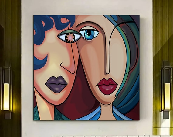 Bold Cubist Two Women Faces Colorful Modern Abstract Art Poster
