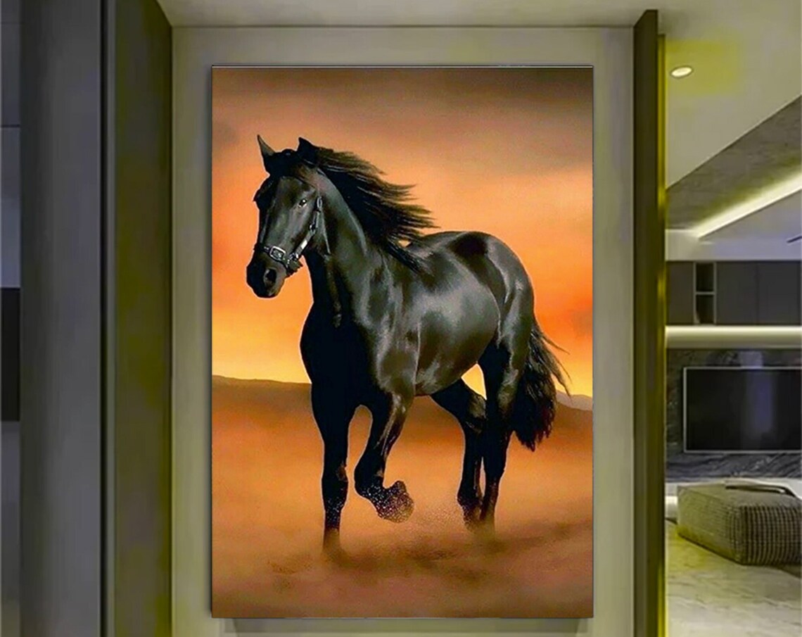 Black Horse Running Sunset Orange Desert Galloping Stallion Poster