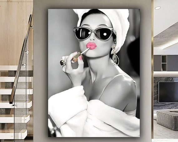 Audrey Hepburn Fashion Art Print, Pink Lips Portrait