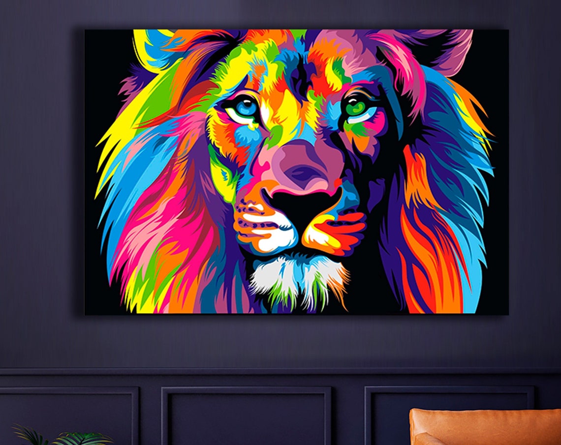 Abstract Lion Canvas Painting Colorful Pop Art Extra Large Room Decor Modern