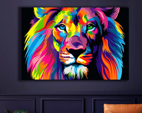 Abstract Lion Canvas Painting Colorful Pop Art Extra Large Room Decor Modern