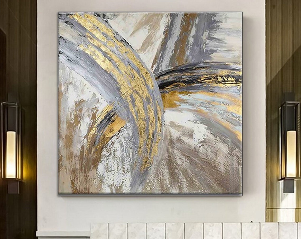 Gold Gray Abstract Brushstrokes Modern Luxe Canvas Art Poster