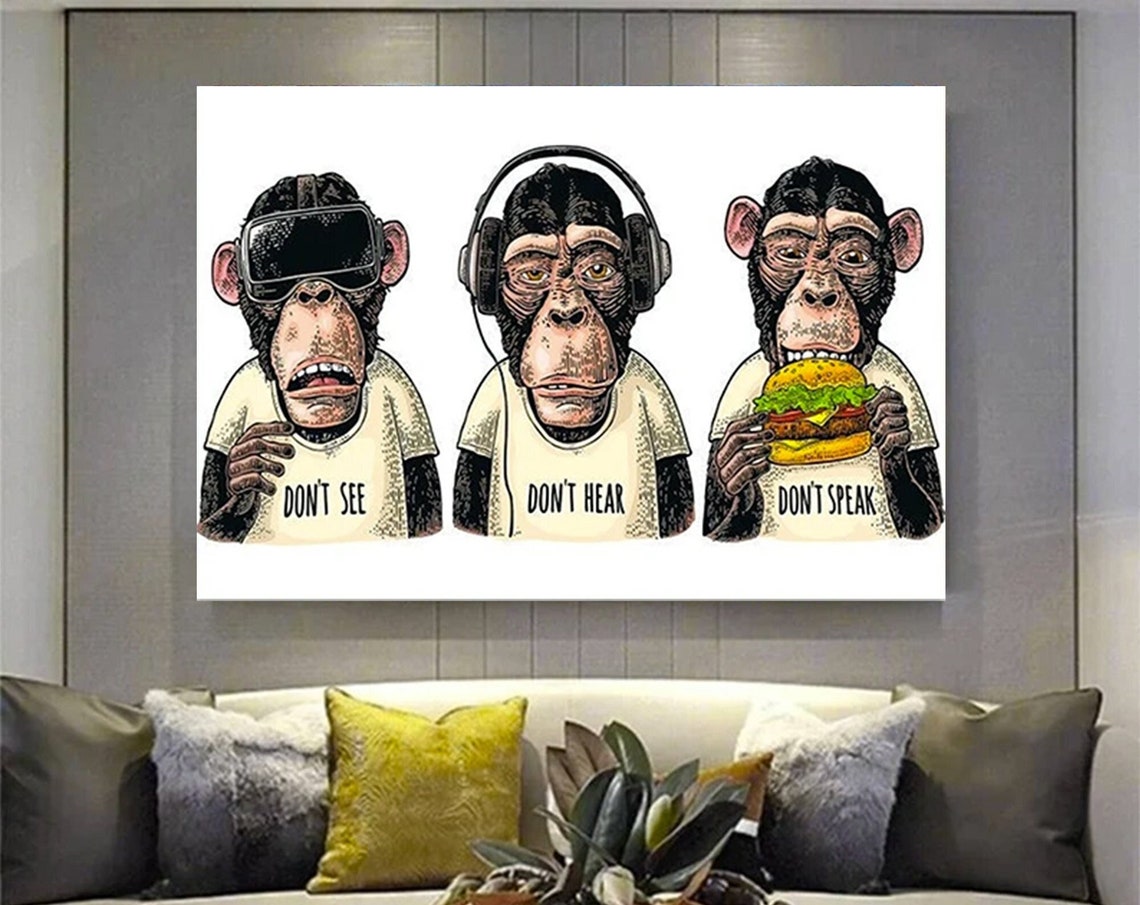 3 Monkey Canvas Art Thoughtful Monkeys Wise Animal Wall Office Decor