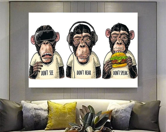 3 Monkey Canvas Art Thoughtful Monkeys Wise Animal Wall Office Decor