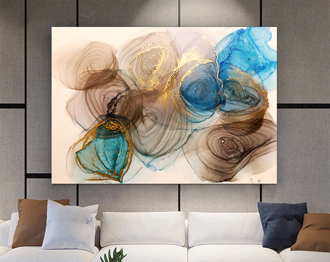 Brown Gold Blue Alcohol Ink Abstract Marble Fluid Modern Art Print