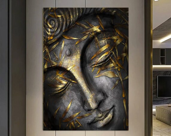 Serene Buddha Face Gold Bamboo Leaves Zen Meditation Art Poster
