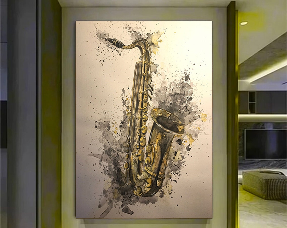Saxophone Watercolor Splash Golden Jazz Music Instrument Art Print