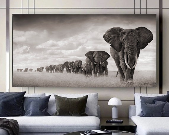 Black And White Elephant Family Art Print, Modern Decor