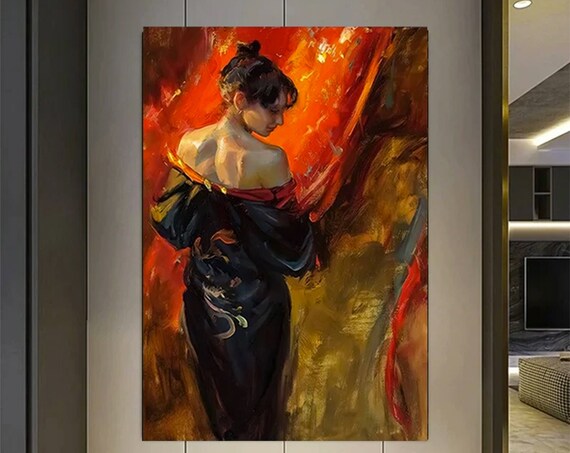 Woman Black Dress Fiery Red Oil Painting Romantic Art Poster