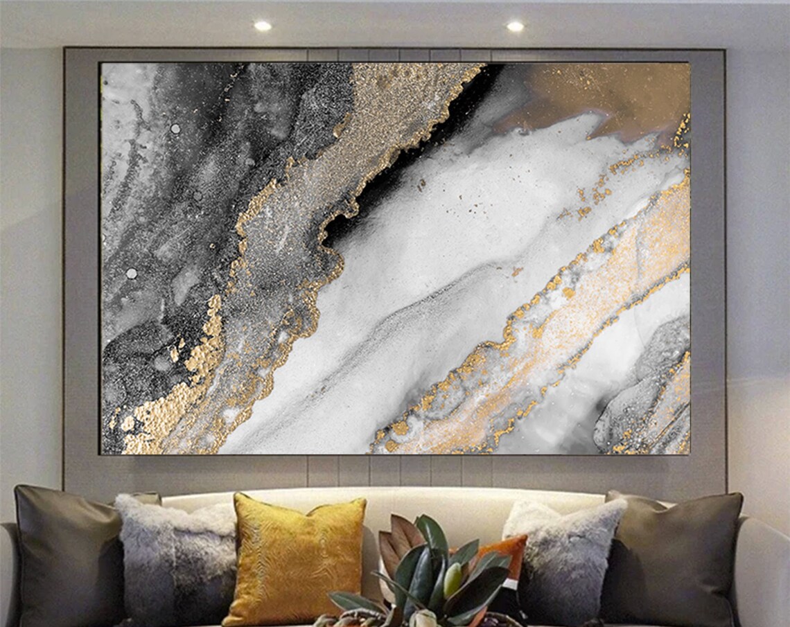 Gray Gold Abstract Art Print, Contemporary Marble