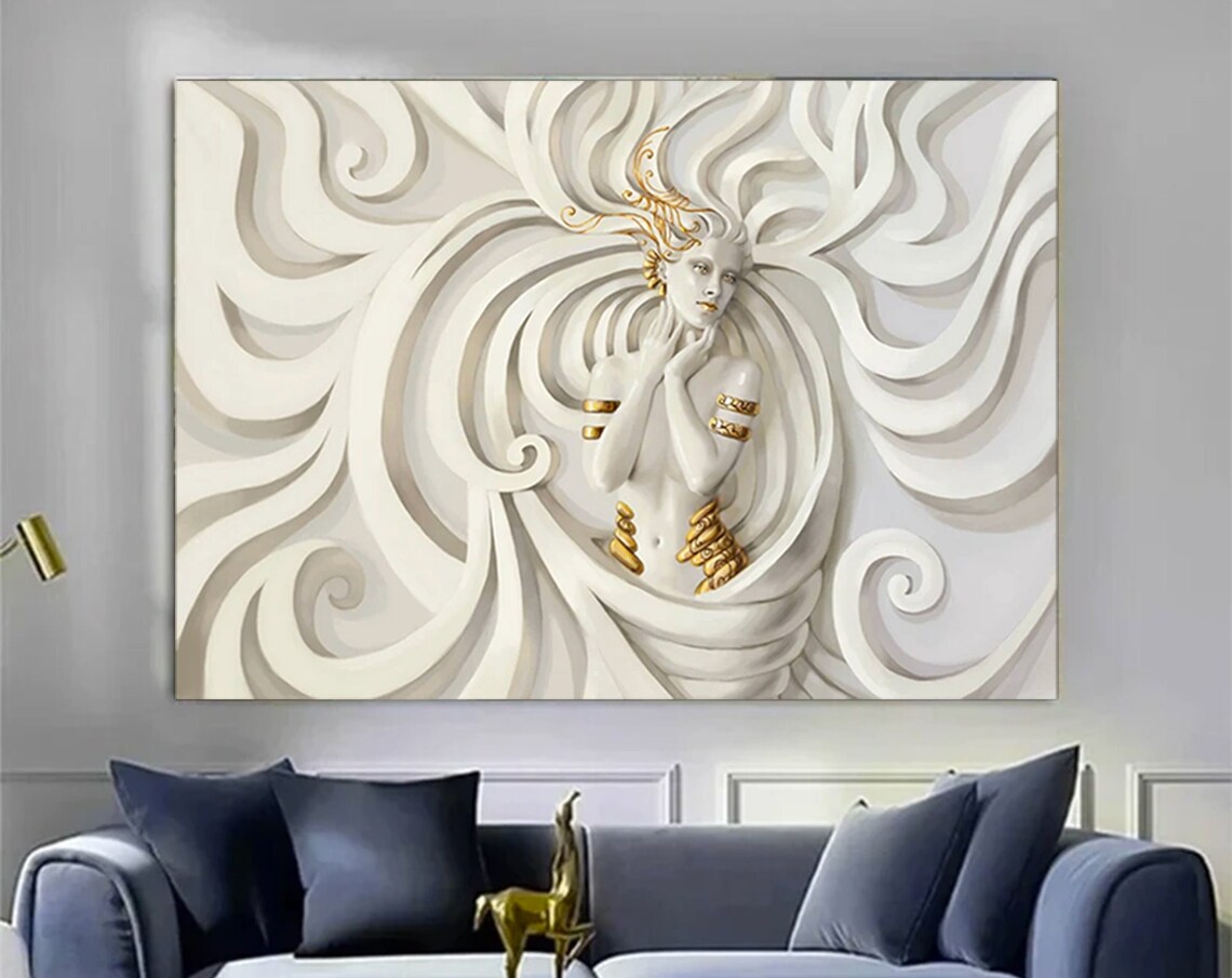 White Swirl Hair Woman Gold Jewelry Sculptural Relief Art Print