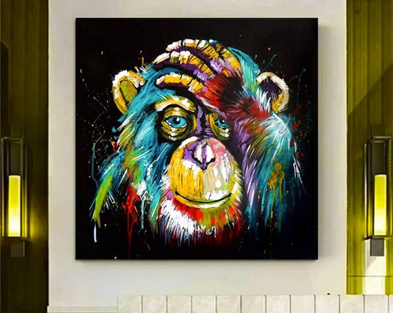 Monkey Canvas Wall Art Colorful Hangings Black Background Print Portrait Living Room Ready To Hang