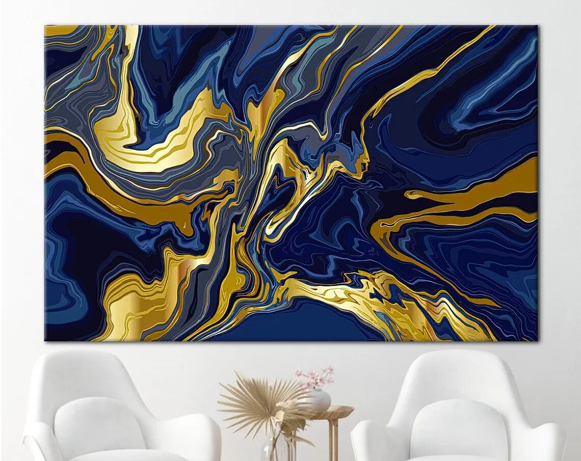 Navy Blue Gold Marble Fluid Swirls Luxury Abstract Wall Poster