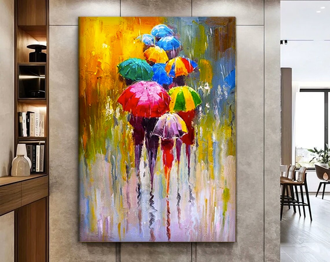 People Walking Under Umbrella, Colorful Art Print