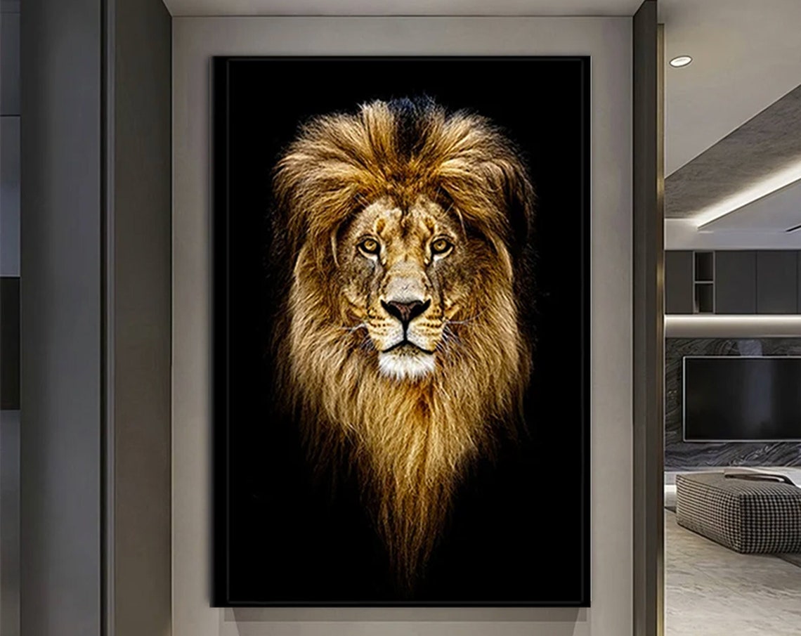 Lion Portrait Canvas Wall Art On Black Background Hangings Yellow Print Male Room Decor