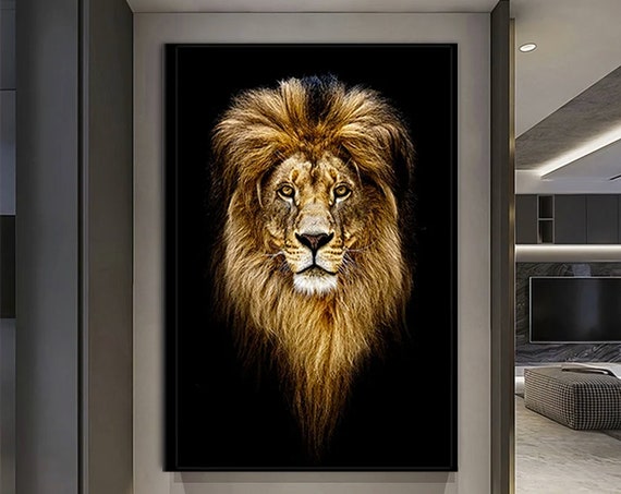 Lion Portrait Canvas Wall Art On Black Background Hangings Yellow Print Male Room Decor