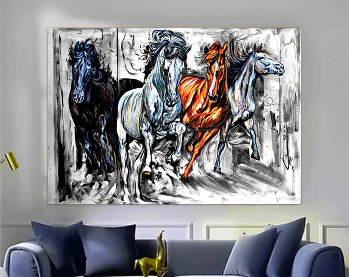 Four Running Horses Black White Brown Gallop Painting Poster