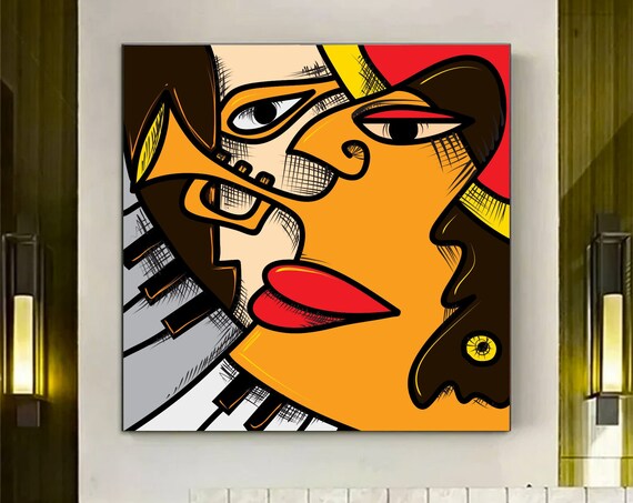 Abstract Jazz Trumpet Piano Cubist Face Bold Music Art Poster
