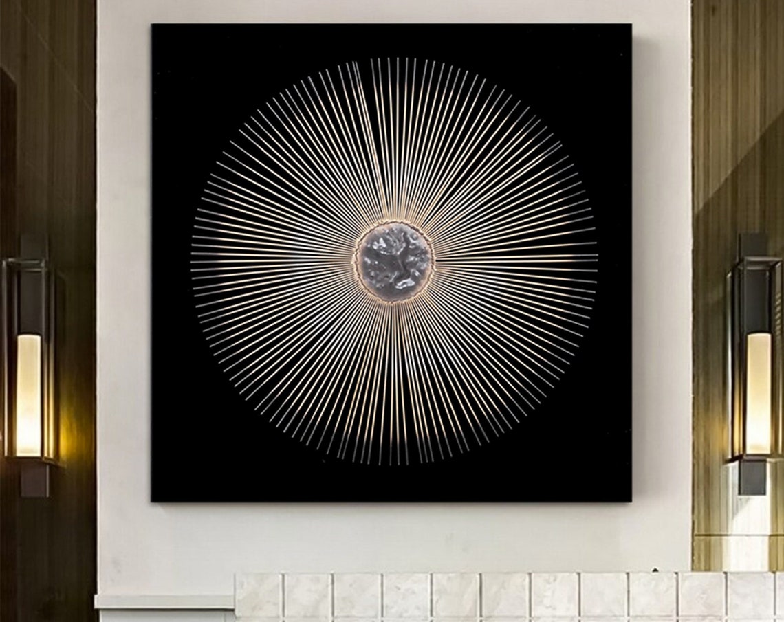 Gold Sunburst Rays Radiating Black Background Modern Starburst Poster