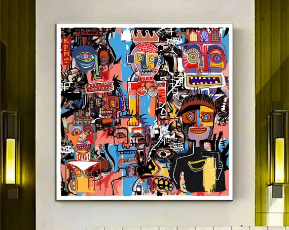 Urban Basquiat Style Neo Expressionist Faces Colorful Art Poster
