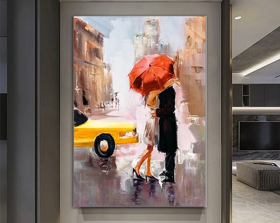 Couple Kissing Red Umbrella Rainy City Street Romantic Poster