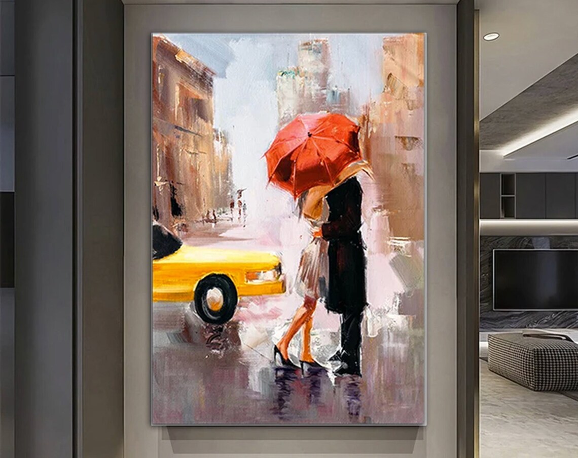 Couple Kissing Red Umbrella Rainy City Street Romantic Poster