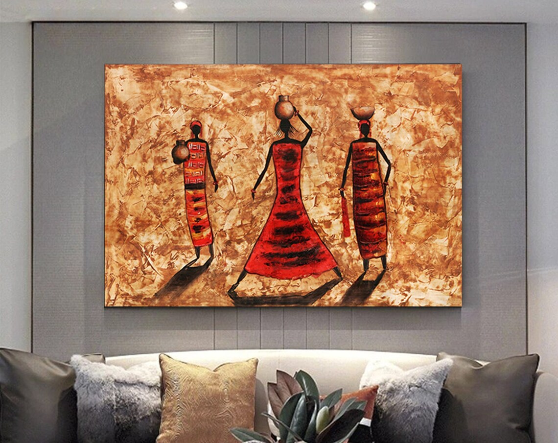 African Women Carrying Pots Earthy Tones Warm Tribal Art Poster