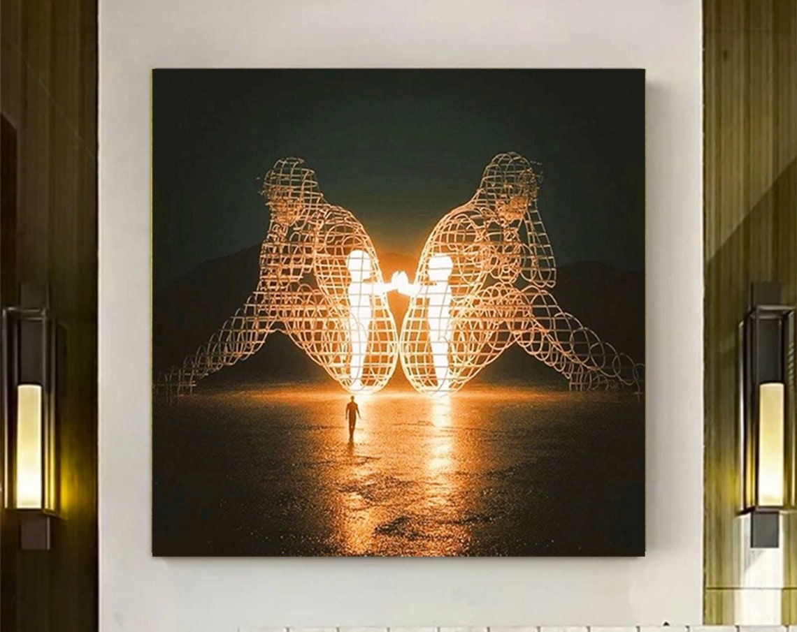 Glowing Wireframe Sculptures Night Children Reaching Light Art Print