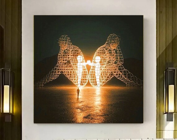 Glowing Wireframe Sculptures Night Children Reaching Light Art Print
