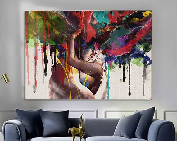 Couple Embracing Under Colorful Paint Splash Abstract Poster