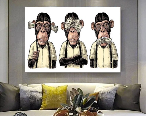3 Monkey Canvas Art Thoughtful Monkeys Wise Animal Wall Office Decor