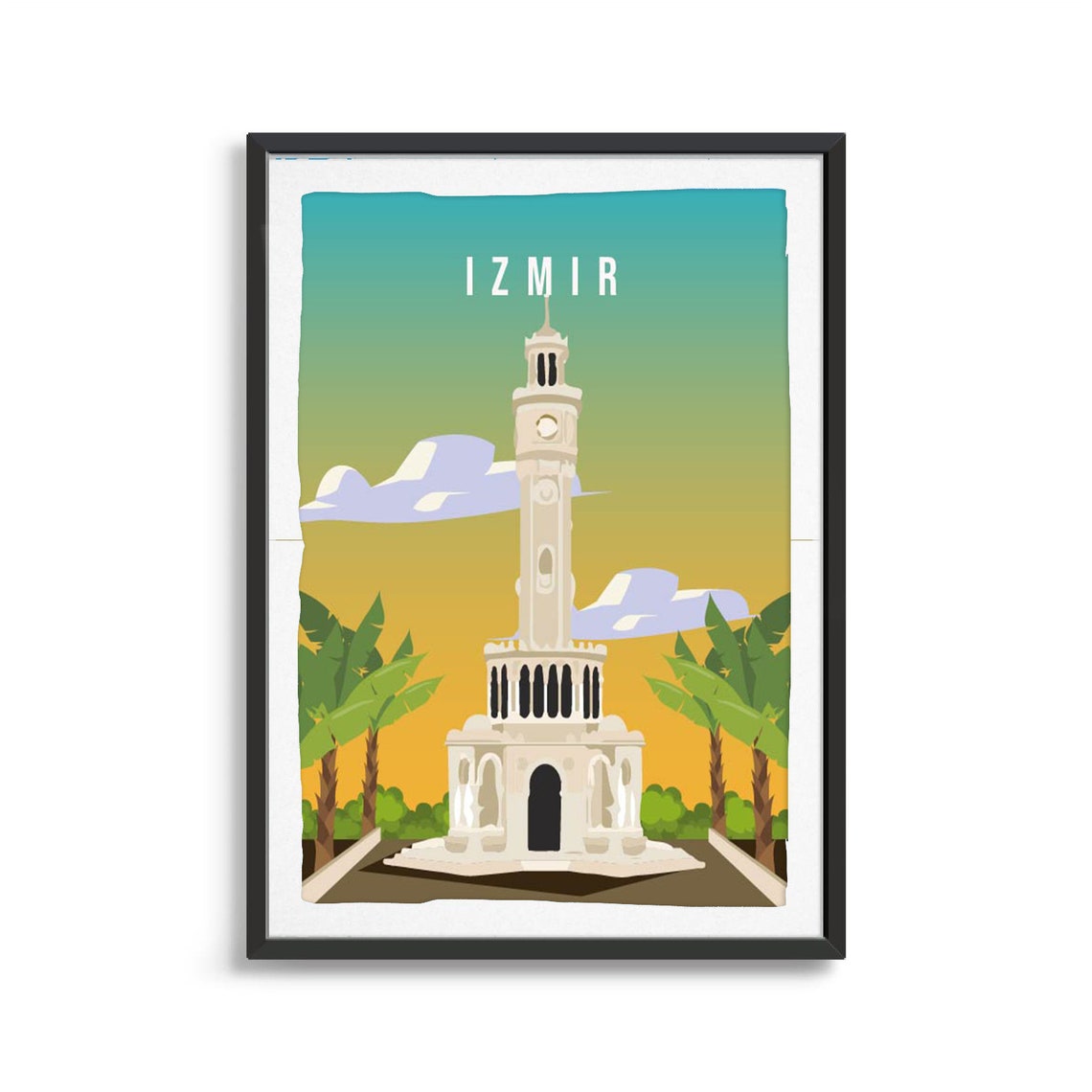 Izmir Historic Clock Tower Palm Sunset Vintage Turkey Travel Poster - Image 2
