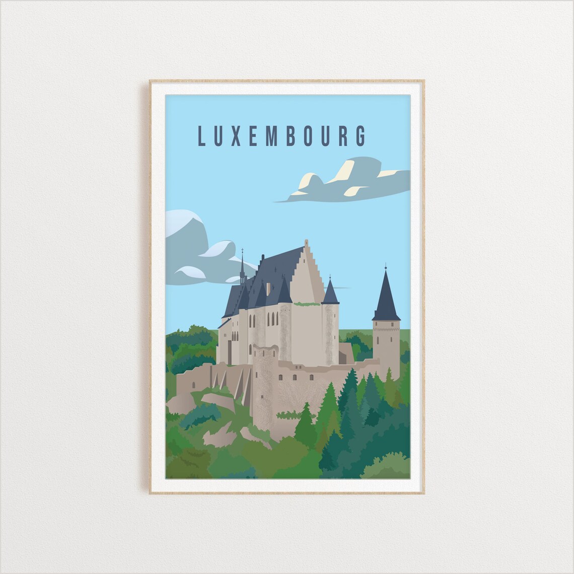 Luxembourg Castle Travel Poster Medieval Fortress Green Hill Art