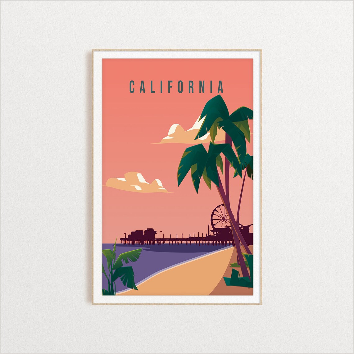 California Beach Pier Ferris Wheel Sunset Palm Travel Poster - Image 2