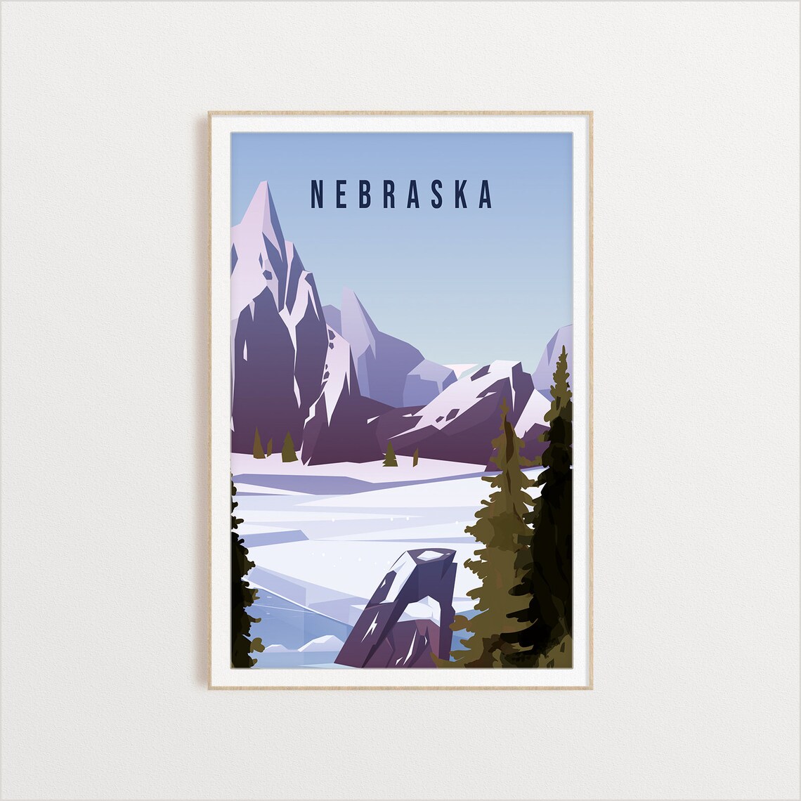 Nebraska Snowy Mountain Peaks Frozen Lake Vintage Winter Travel Poster