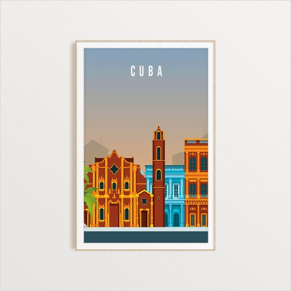 Cuba Colorful Colonial Architecture Street Vintage Travel Poster