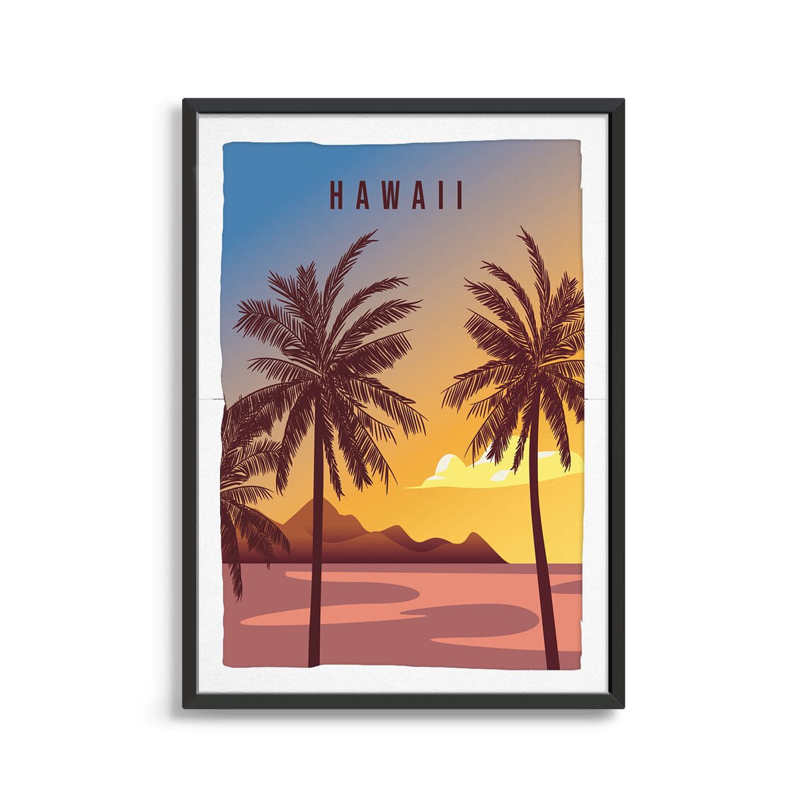 Hawaii Palm Trees Golden Orange Sunset Beach Vintage Travel Poster