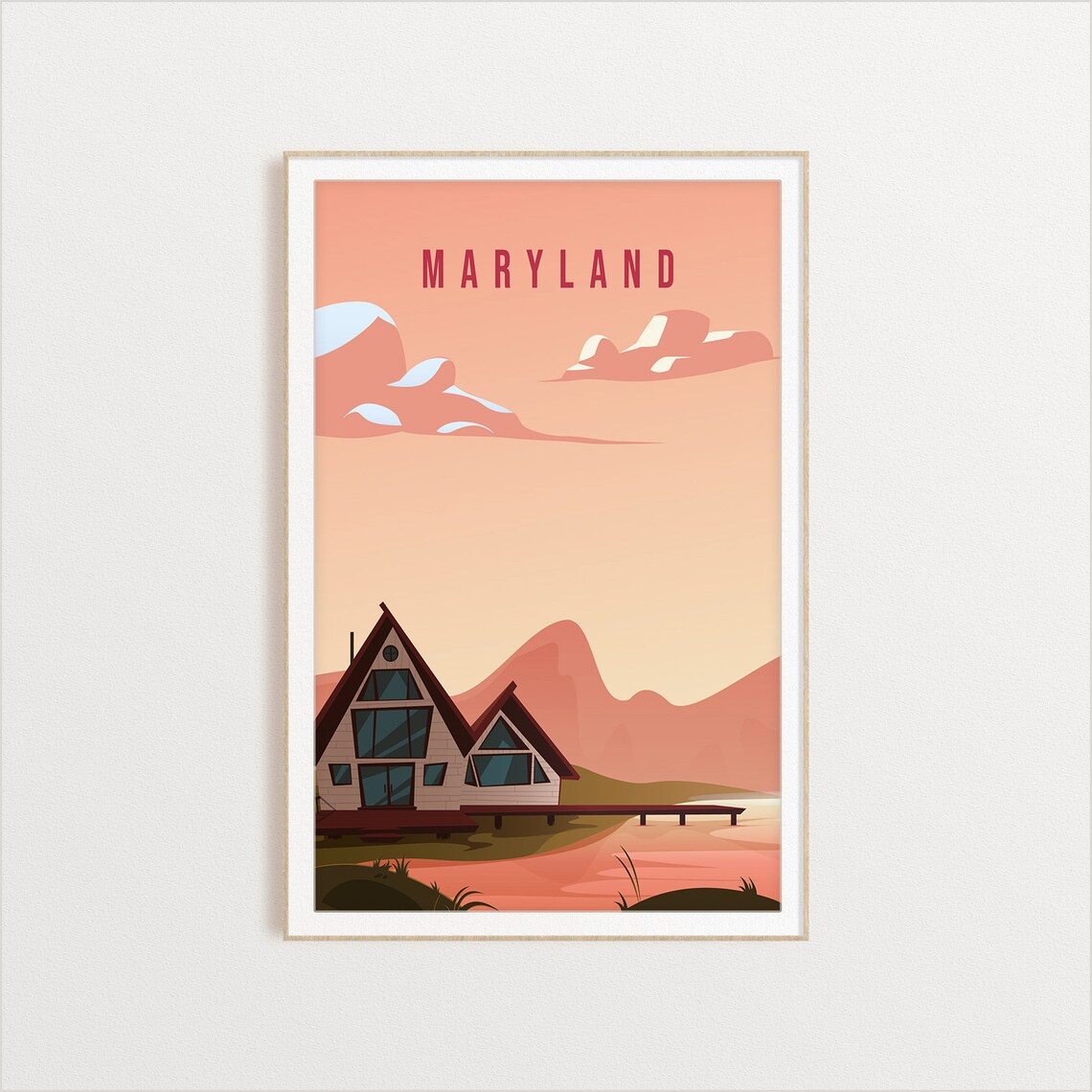 Maryland Lakeside A Frame Cabin Sunset Retro Travel Art Poster - Image 2