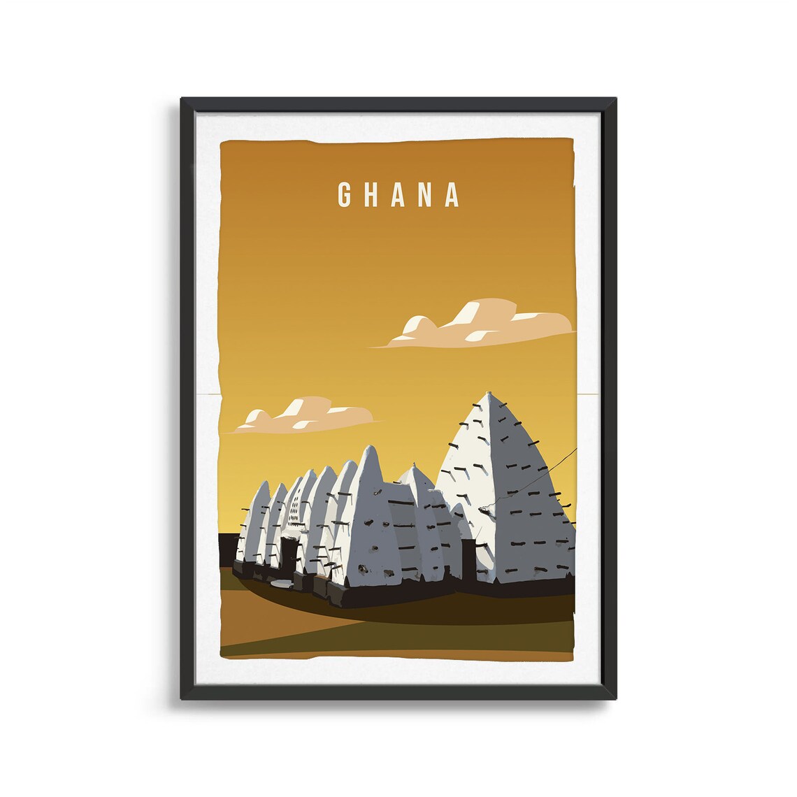 Ghana Vintage Travel Art White Sudanic Mosque Golden Sky Poster - Image 2