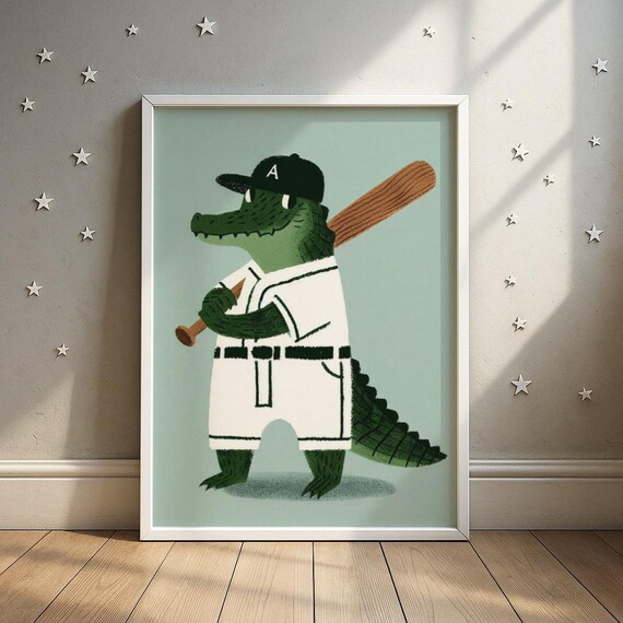 Alligator Baseball Batter White Uniform Bat and Cap Nursery Animal Print