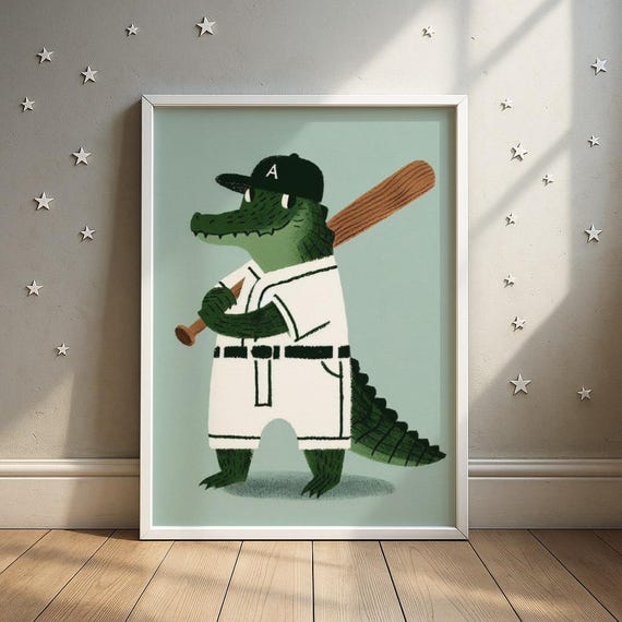Alligator Baseball Player Wall Art Sports Animal Nursery Print Kids Room Decor