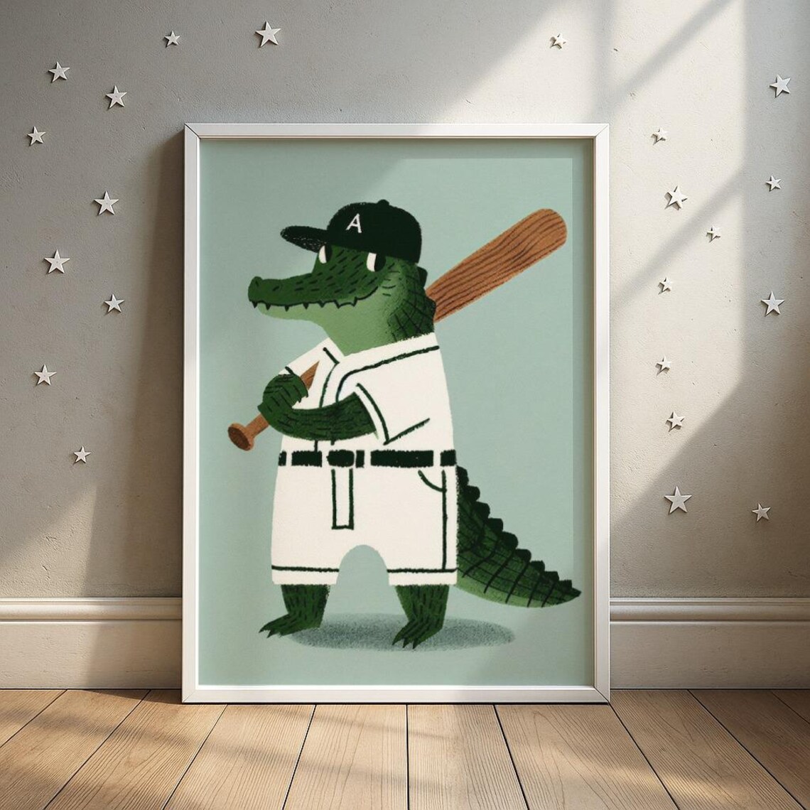 Alligator Baseball Batter White Uniform Bat and Cap Nursery Animal Print