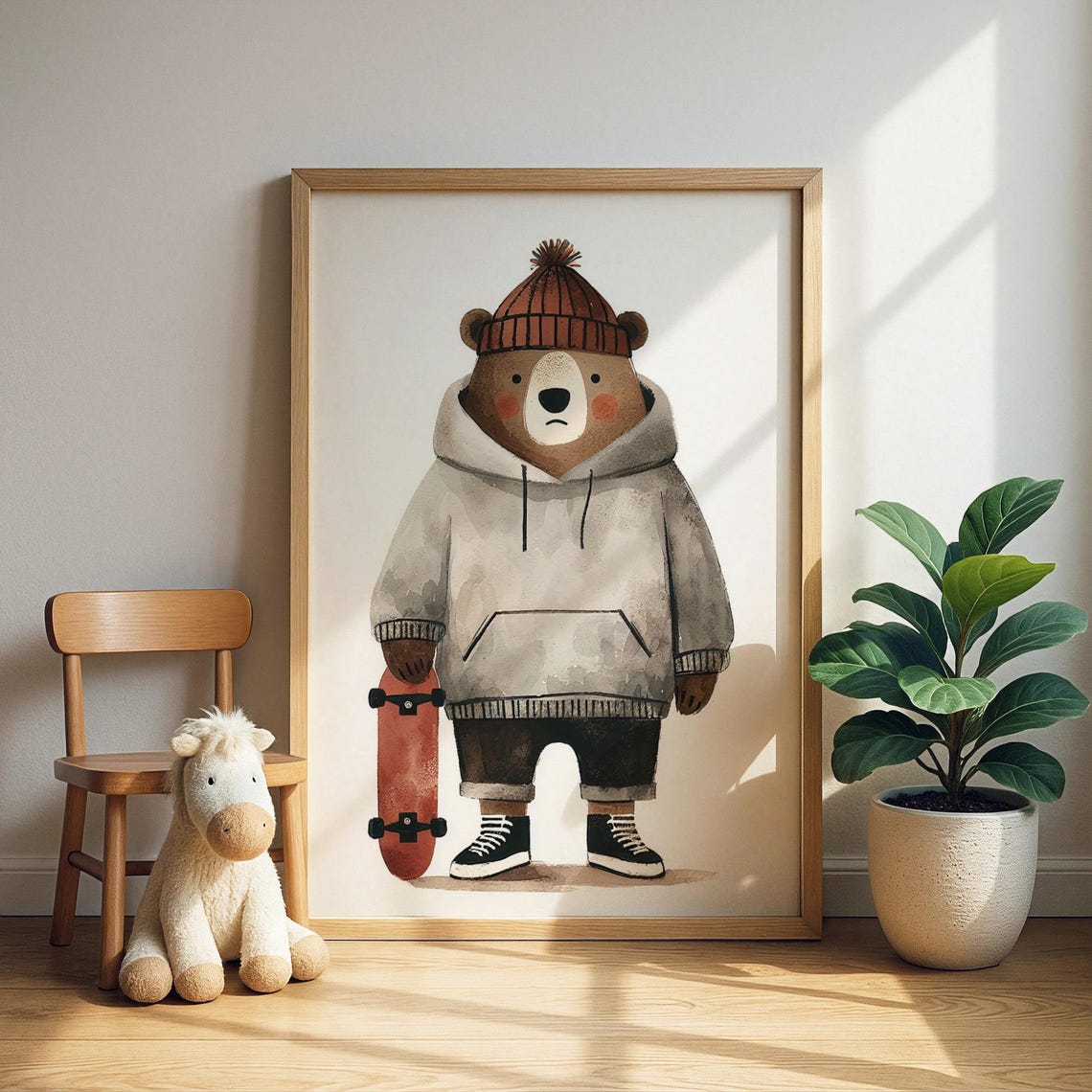 Cute Brown Bear Skateboarder Red Beanie Hoodie Kids Room Art Print